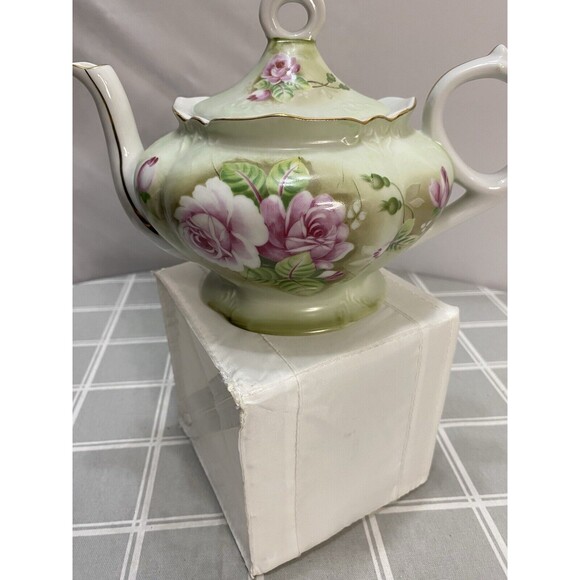 Vintage Lefton Exclusives Japan Green w/ Big Pink Cabbage Roses Musical Tea Pot